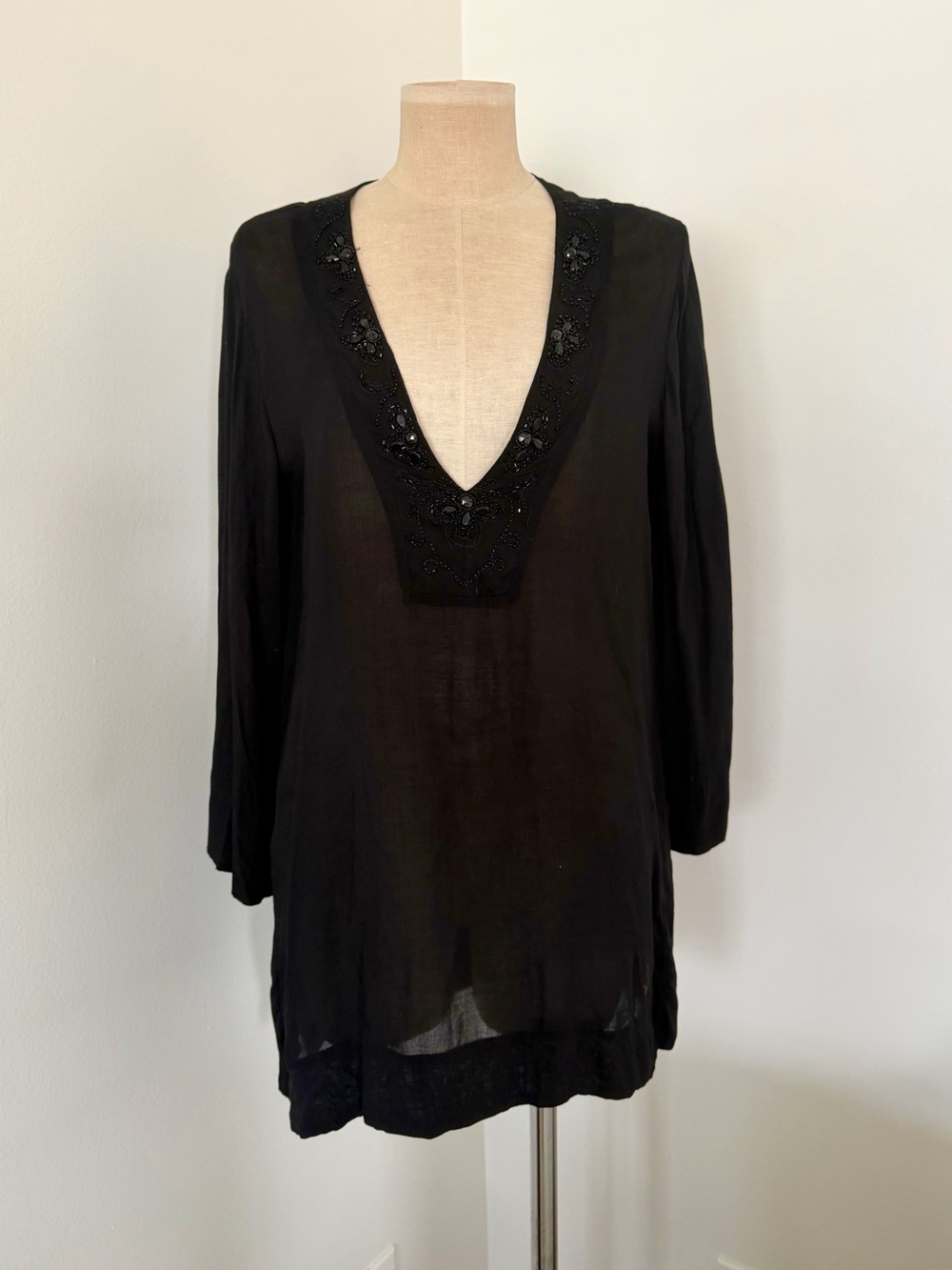 Vintage archival HERMANNY silk Black V-Neck Beaded Tunic Top
